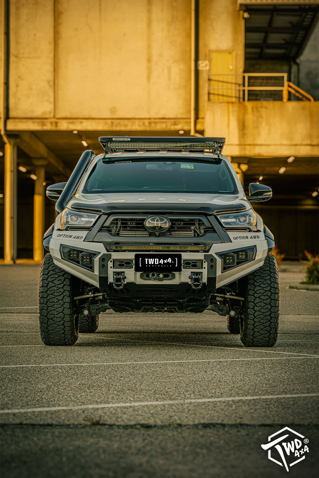 Twd 4x4 Option V1 bull bar V2 side step Vikor lights snorkel Profender lift kit wheels tyres Hilux white 20231024_1