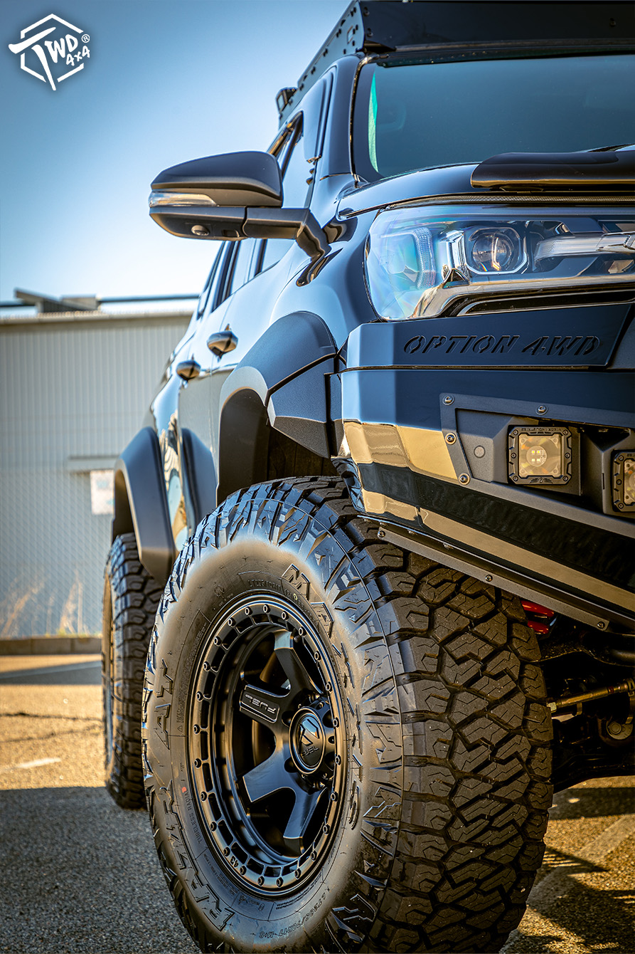 Twd 4x4 Option V1 bull bar V2 side step fighter rear bar Vikor lights flares Profender lift wheels tyres Hilux Rogue black 20230520_3-1